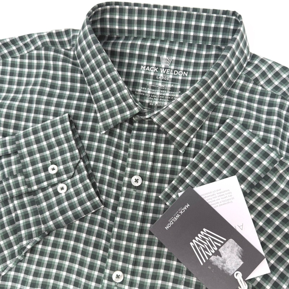Mack Weldon Mens Large Airflex Shirt Tannenbaum Gingham Green Seawool M01Y04 NEW